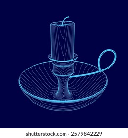 Blue candle is lit in a blue bowl. The candle is surrounded by a blue frame. The candle is lit and the flame is visible