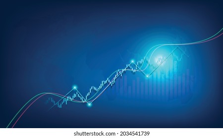 Blue candlestick and chart world stock market investment chart stock trading bullish point bear market trend trend graph vector with world map  background