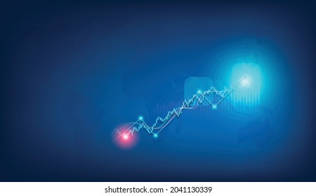 Blue candlestick and chart world stock market investment stock trading bullish point bear market trend trend graph vector with world map black background
