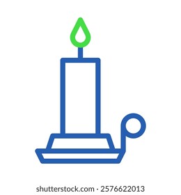 Blue candlestick icon with green flame on white