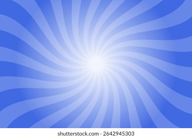 Blaue Süßigkeiten Farbe Sonnenaufgang Hintergrund. Abstrakte blaue Creme Sonnenstrahlen Design Tapete. Farbige Spinnlinien für Schablone, Banner, Poster, Flyer. Süße rotierende Cartoon wirbeln oder Whirlpool.