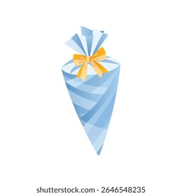 A blue candy cone with a yellow ribbon bow, wrapped in striped paper and tied at the top. Vector illustration of a school cornet. Perfect for greeting cards, party designs, and festive decorations.