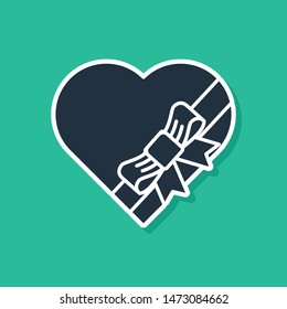Blue Candy in heart shaped box and bow icon isolated on green background. Valentines Day.  Vector Illustration