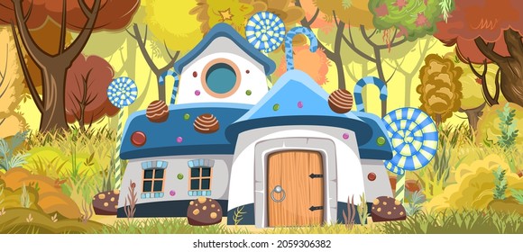 Blue Candy hut. Sweet caramel fairy house. Summer cute landscape. Illustration in cartoon style flat design. Picture for children. Vector.