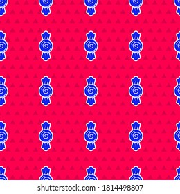 Blue Candy icon isolated seamless pattern on red background. Happy Halloween party.  Vector