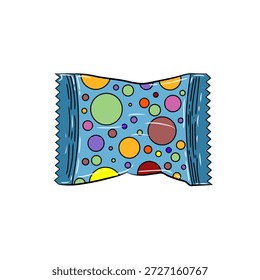 A blue candy wrapper with colorful polka dots and jagged edges.