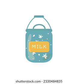 Blue canister in milk drips, with milk and a yellow label with the inscription "Milk". Design for dairy farm, market, store, packaging, logo, menu, delivery. Vector on white background, eps 10.