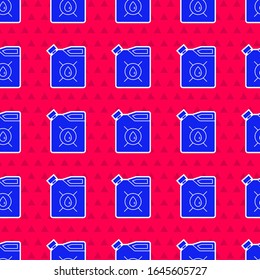Blue Canister for motor machine oil icon isolated seamless pattern on red background. Oil gallon. Oil change service and repair. Engine oil sign.  Vector Illustration