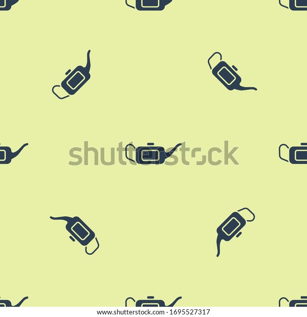 Blue Canister for motor machine oil\
icon isolated seamless pattern on yellow background. Oil gallon.\
Oil change service and repair.  Vector\
Illustration