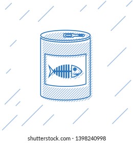 Blue Canned food for cat line icon isolated on white background. Fish skeleton sign. Food for animals. Pet dog food can. Vector Illustration
