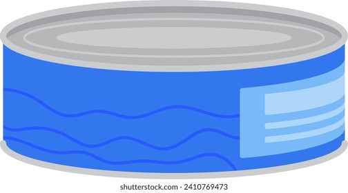 Blue canned food illustration. Simple flat design of a tin can with a label. Groceries and kitchen pantry essentials vector illustration.