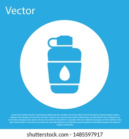 Blue Canteen water bottle icon isolated on blue background. Tourist flask icon. Jar of water use in the campaign. White circle button. Vector Illustration