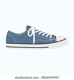 Blue canvas sneaker tied resting on white background.