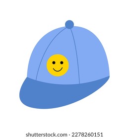 Blue cap with funny smile. Childhish vector illustration on isolated background