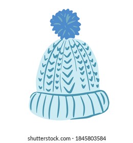 Blue cap from wool isolated on white background. Cap with pompon sketch hand drawn in style doodle vector illustration.