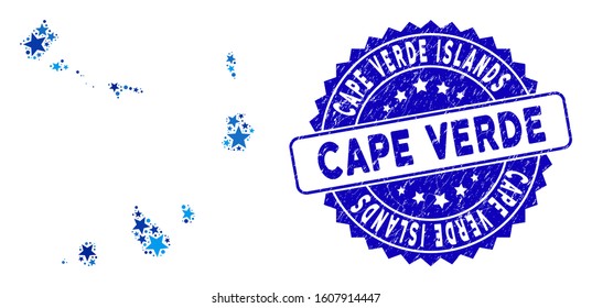 Blue Cape Verde Islands map composition of stars, and textured round stamp seal. Abstract territory scheme in blue color tints. Vector Cape Verde Islands map is composed of blue stars.