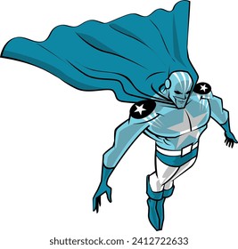 blue caped superhero flying over the city