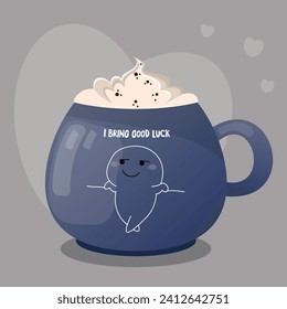 Blue cappuccino cup with the text I bring good luck. Vector illustration EPS10