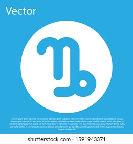 Blue Capricorn zodiac sign icon isolated on blue background. Astrological horoscope collection. White circle button. Vector Illustration