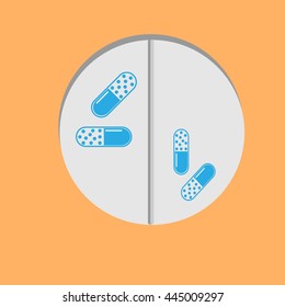 Blue capsule drug icon , illustration .