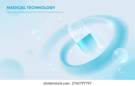 Blue capsule floats in soft, swirling motion. Bubbles drift gently around the medical device. Clean, modern design evokes innovation and health. Ideal for digital health, science, or wellness branding