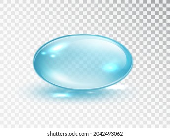 Blue Capsule. Oval bubble isolated on transparent background. Cosmetic oil capsule of vitamins and minerals. Vector realistic droplet of gel pill icon template.