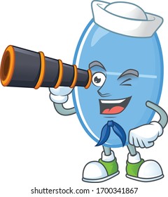 Blue capsule in Sailor cartoon character style using a binocular