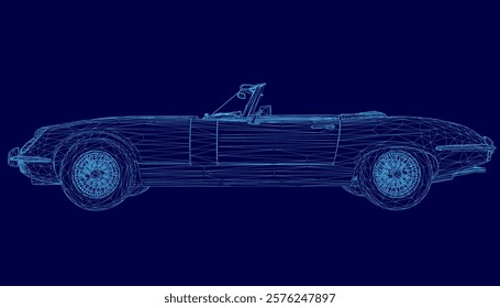 Blue car with a blue background. The car is a convertible and has a blue top. The car is in a futuristic style