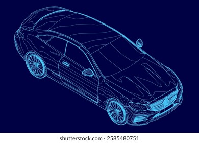 A blue car with a blue background. Isometric view