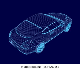 Blue car with a blue background. The car is shown in a 3D format