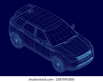 A blue car with a blue background. The car is shown in a 3D format. Isometric view