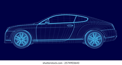 Blue car with a blue background. The car is shown in a stylized way