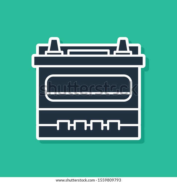 Blue Car battery icon isolated on green\
background. Accumulator battery energy power and electricity\
accumulator battery.  Vector\
Illustration