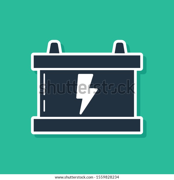 Blue Car battery icon isolated on\
green background. Accumulator battery energy power and electricity\
accumulator battery. Lightning bolt.  Vector\
Illustration