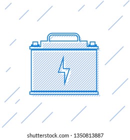 Blue Car battery line icon isolated on white background. Accumulator battery energy power and electricity accumulator battery. Lightning bolt symbol. Vector Illustration