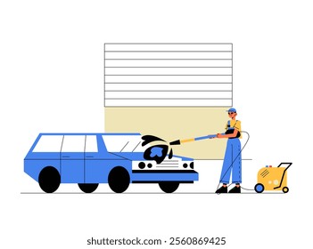 Blue Car Being Washed By A Male Worker With A Pressure Washer In Flat Vector Illustration Symbolizing Car Washing, Cleaning, And Vehicle Maintenance, Isolated On White Background.