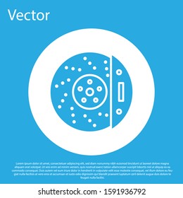 Blue Car brake disk with caliper icon isolated on blue background. White circle button. Vector Illustration