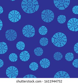 Blue Car brake disk with caliper icon isolated seamless pattern on blue background.  Vector Illustration