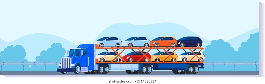 Blue car carrier truck transporting vehicles on highway. Auto transport service, car delivery by road vector illustration.