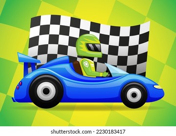 A blue car and a checkered flag on a green background.