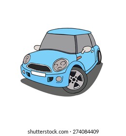 Blue Car, childrens. Vector drawing drawn by hand. 