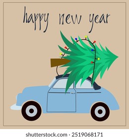 Blue car with a Christmas tree with garland on the roof. Perfect for holiday greeting cards, party decorations, gift tags and seasonal crafts. Christmas Cheer celebration invitation design template.