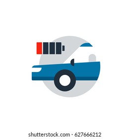 Blue car in a circle with battery. Auto car diagnostic services, electric transport concept, charge battery station. Flat design vector illustration