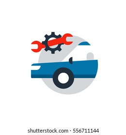 Blue car in a circle with wrench and gear wheel. Auto car repair services, diagnostic concept, insurance policy, mechanic works. Flat design vector illustration