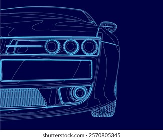 Blue car contour. Front view. The car is shown in a stylized way, with the headlights and other features emphasized. Concept of sleekness and modernity, with the car's design