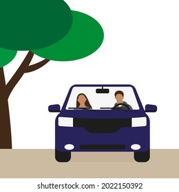 Blue car with driver and passenger outdoors