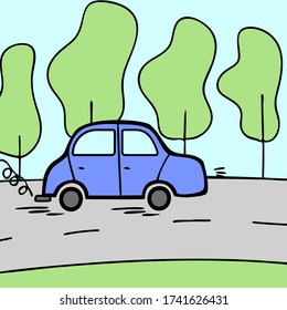 A blue car is driving along the road along the trees. Travel by car in cloudless weather. A weekend trip to the country in your own car.