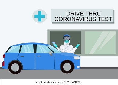 Blue car driving through to check coronavirus at the hospital