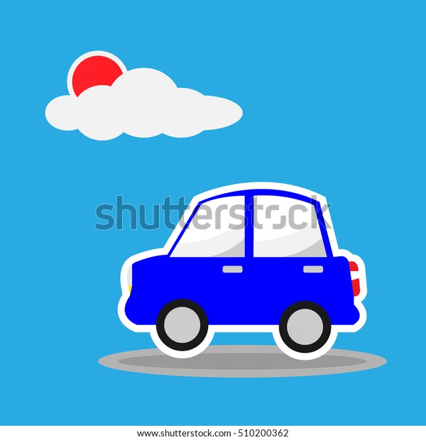 blue car driving\
under the sun and cloud.