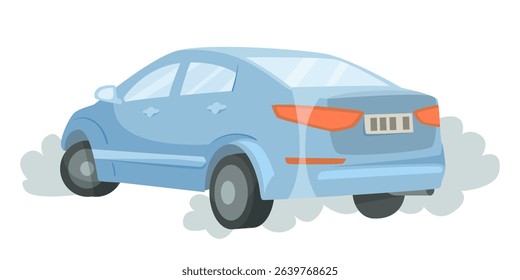 Blue car emitting smoke from exhaust on white background, flat cartoon style. Concept of air pollution, vehicle emissions, and noise impact. Vector illustration